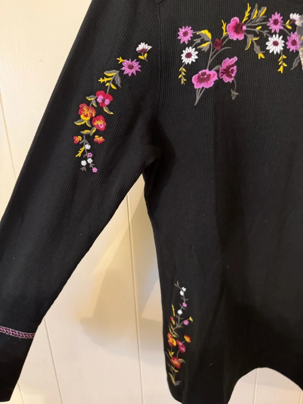 Sundance Black Long Sleeve Tee with Pink & Yellow Floral Embroidery - Picture 7 of 10